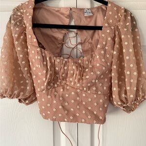 Angel Biba Floral Lace-Up Blouse in Tan